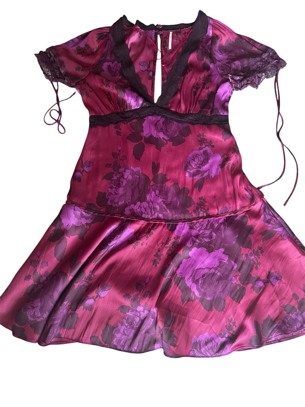 Free People Lace Trim Floral V-Neck Chemise in Magenta & Purple